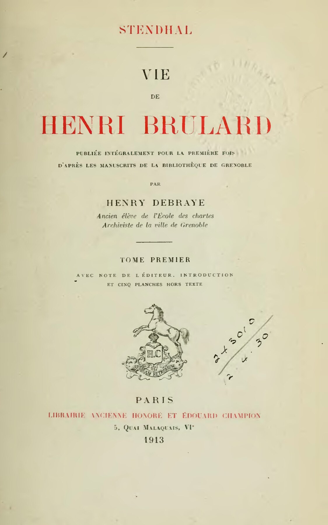 Page de titre de Vie de Henri Brulard, édition de 1913